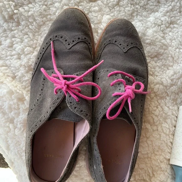 Cole Haan Women's Taupe Suede Loafers with Pink Laces - Picture 4 of 4